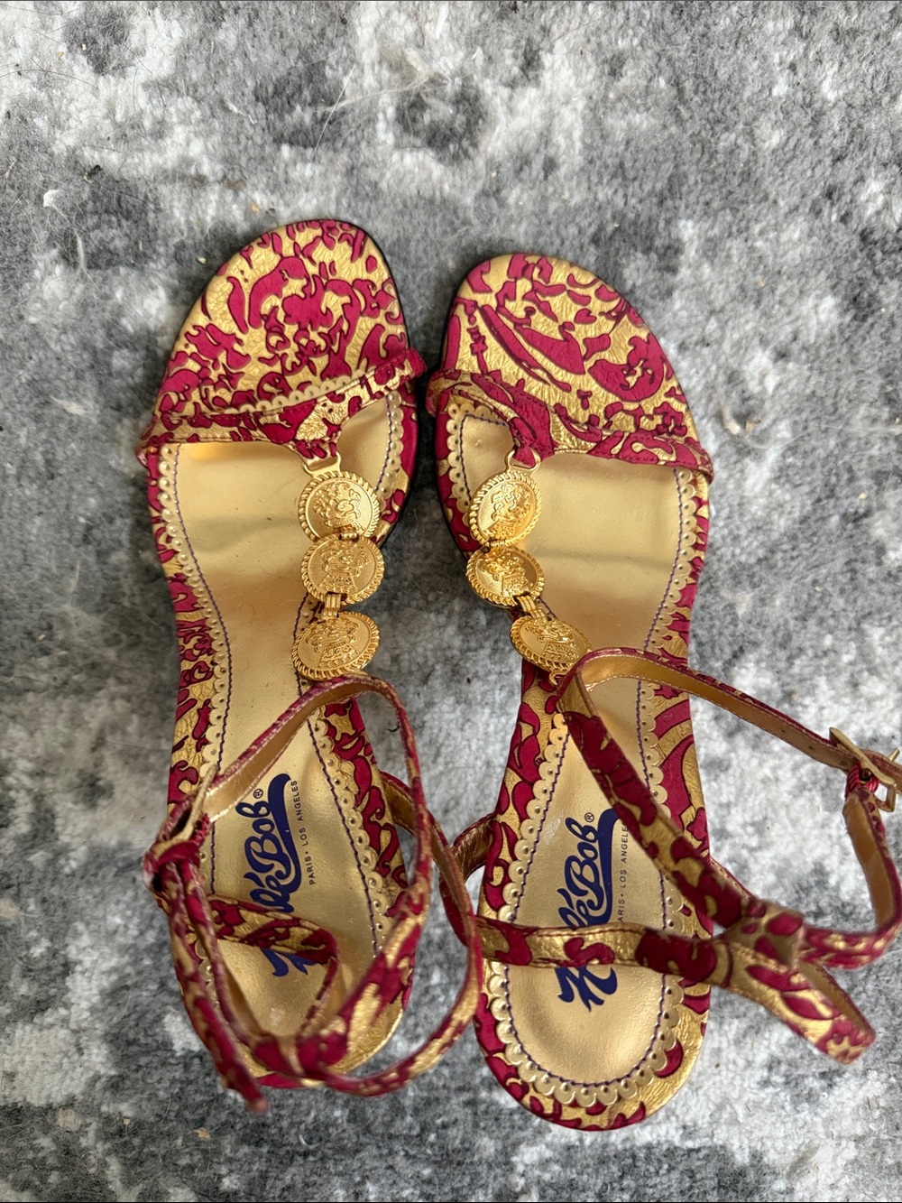 Hale Bob Magenta and Gold Embroidered Coin Strap Sandals